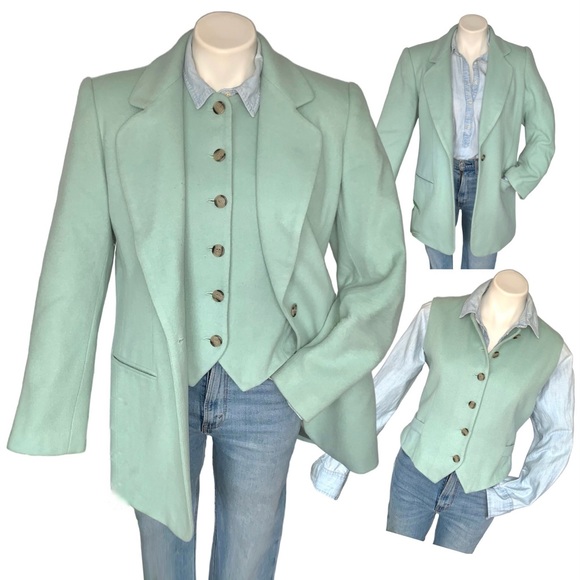 Vintage Jackets & Blazers - v i n t a g e :: Seafoam Wool Cashmere Longline Blazer Vest Set Bloomingdale’s
